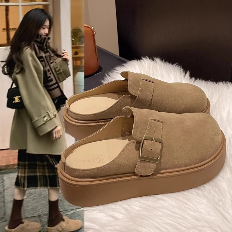 爆款厚底勃肯包头半拖鞋女外穿2025新款春秋冬季懒人一脚蹬博肯鞋