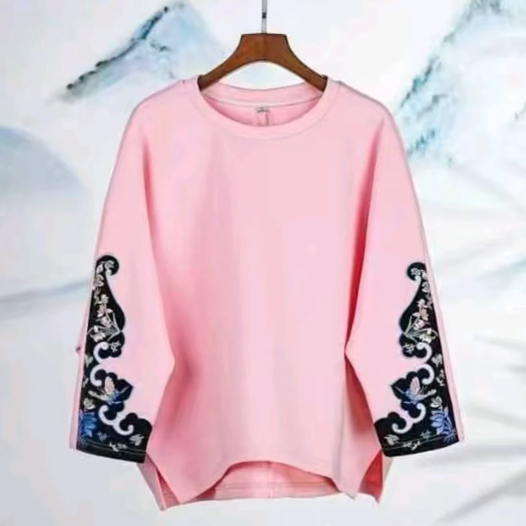 【玉花容】中式国风精工刺绣 圆领舒适  柔软常规款 百搭国风上衣