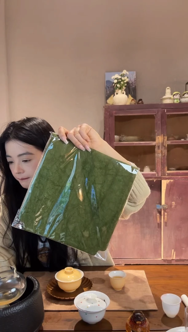盖碗绿色棉麻茶席
