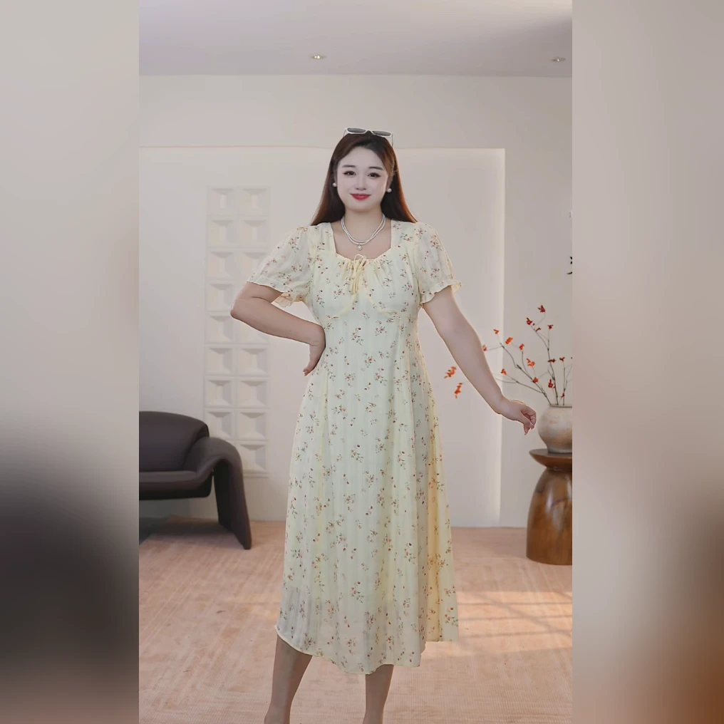 大码女装夏季新款显瘦遮肉碎花收腰优雅洋气浪漫短袖连衣裙