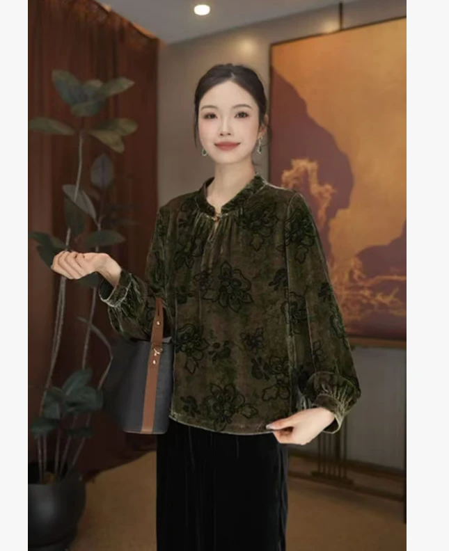 新中式国风丝绒衬衫春秋新款唐装气减龄复古秋冬女装上衣9057