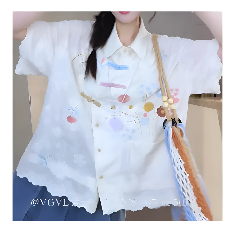 韩系小清新白色花边印花刺绣斜领衬衫女夏季新款宽松显百搭瘦上衣