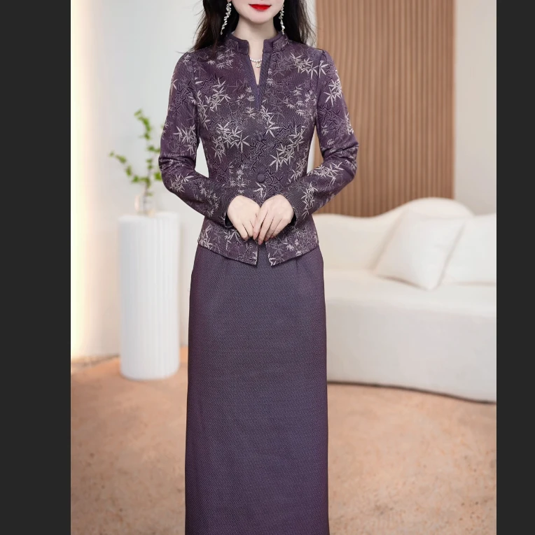 【鹿影溪】春秋新款假两件女装复古印花中长款直身裙气质显瘦连衣裙