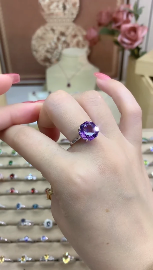 银S925镶嵌戒指水晶玫瑰话切割紫水晶戒指