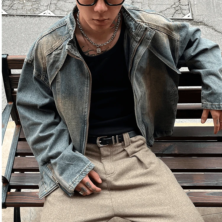 2025春季新款复古宽松黄泥做旧立领牛仔外套男休闲拉链牛仔外套男