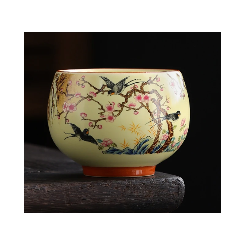 TJ033米黄喜上眉梢铜钱主人杯【单品包邮偏远除外】