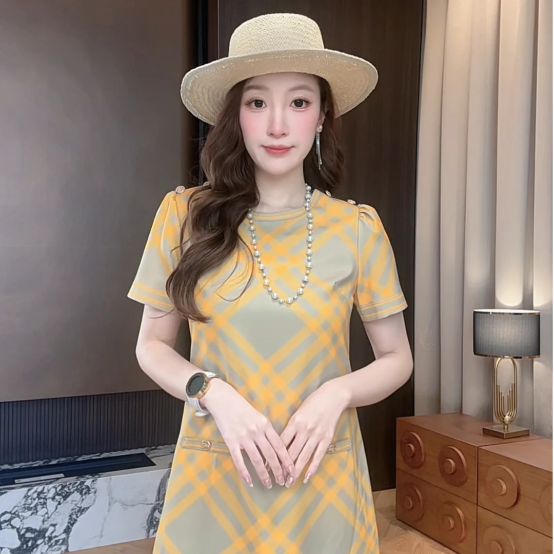 套头V领短袖A字裙夏季常规连衣裙气质旗袍黄色晕染