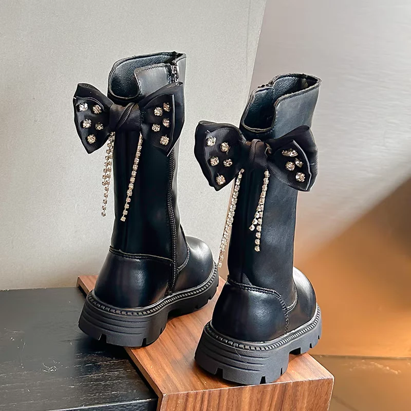 女童高筒靴子2024秋季新款小女孩后跟蝴蝶结公主靴8256B