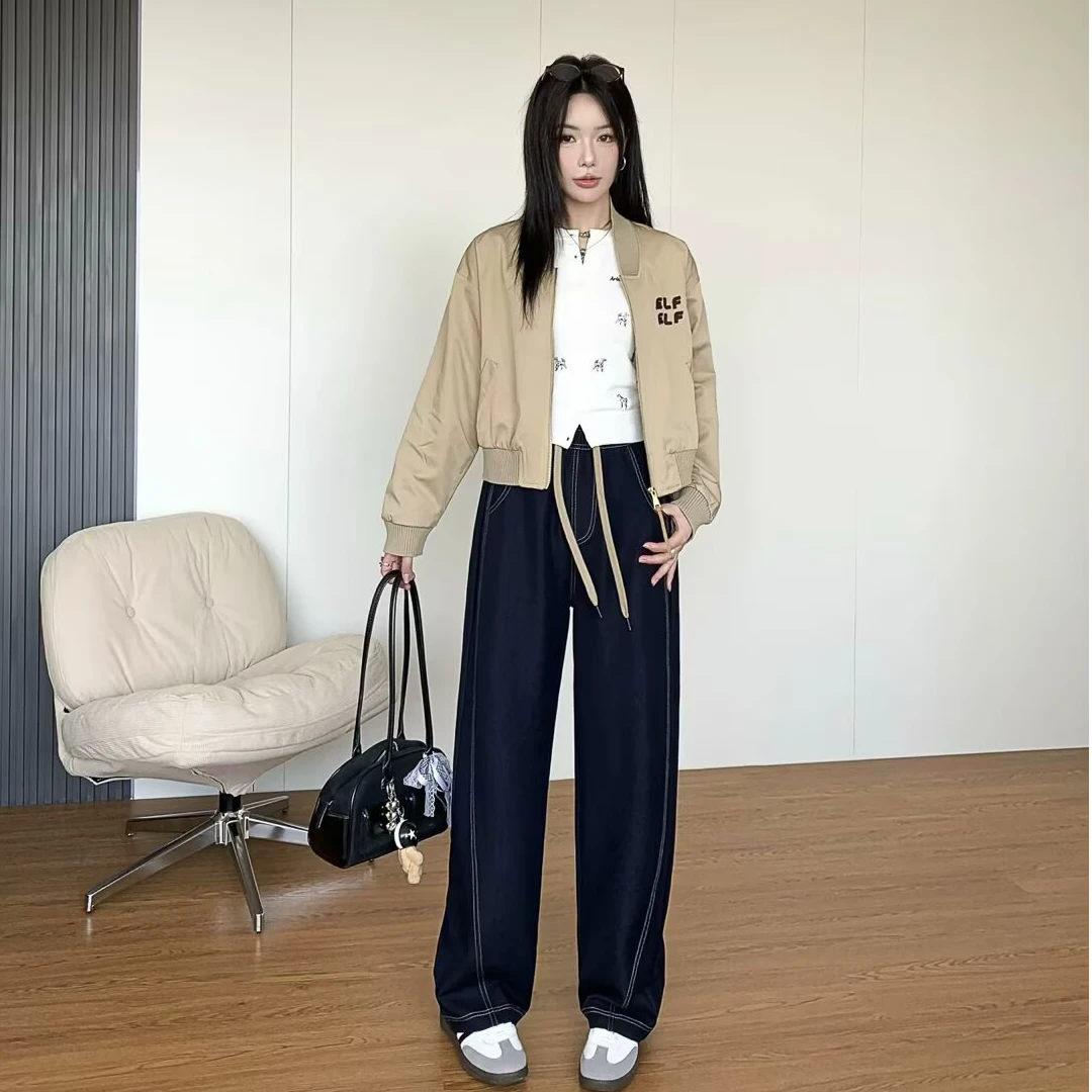 大码牛仔裤女胖MM深色宽松显瘦百搭裤子女抽绳阔腿裤春夏弯刀窄版