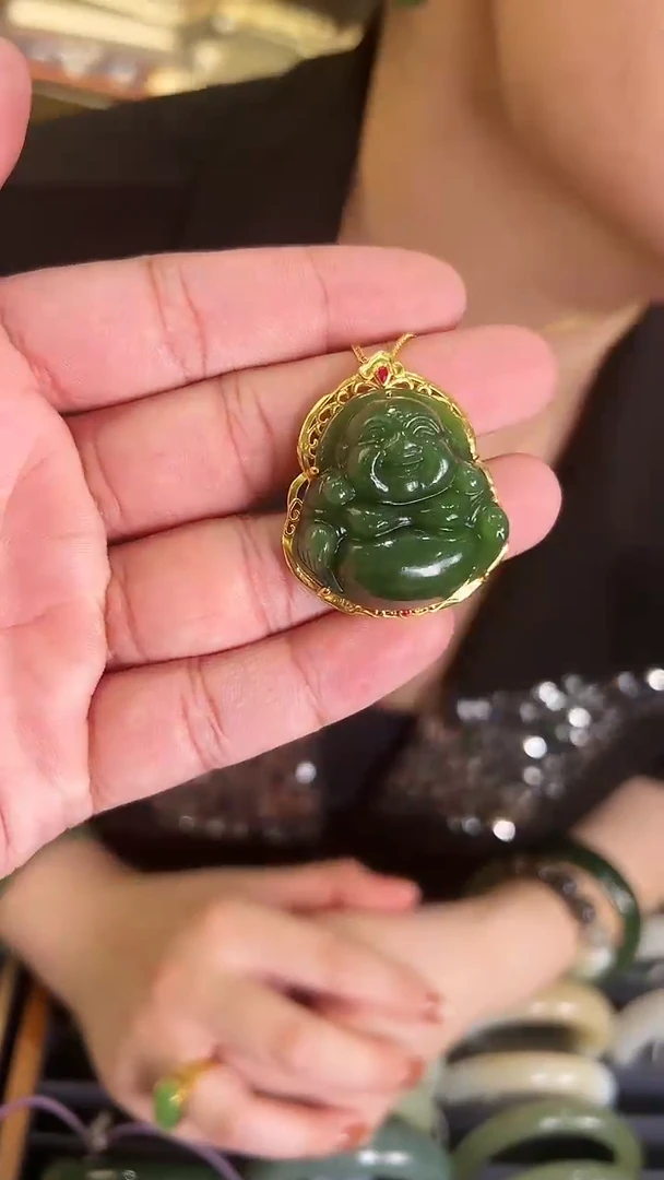 吊坠(不含链)18K金镶嵌和田玉菠菜绿佛公多样性发一Y15918