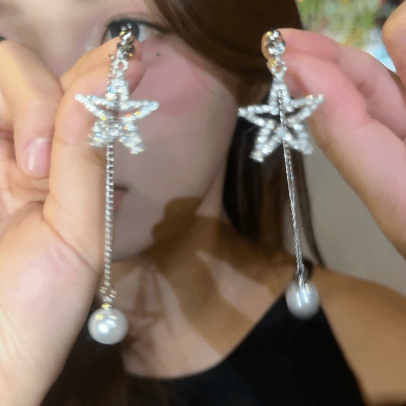 铜合金亚克力耳饰 精致满钻星星流苏耳环长款高级感独特耳饰