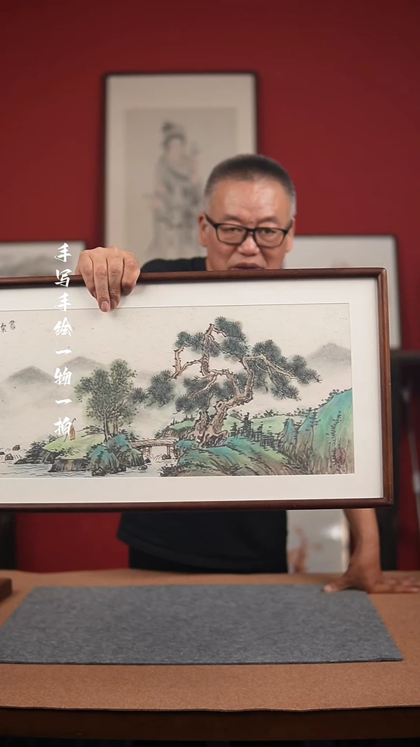 国画手绘-36*69实木框山水