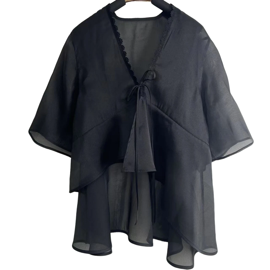 恬小霓（玲玲姐精选）199/黑纱/花边/拼接/系绳/不规则/外披/时尚