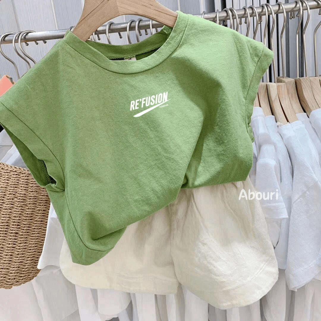 儿童套装洋气纯棉男女宝宝印字母宽松t恤上衣短裤2025夏装两件套