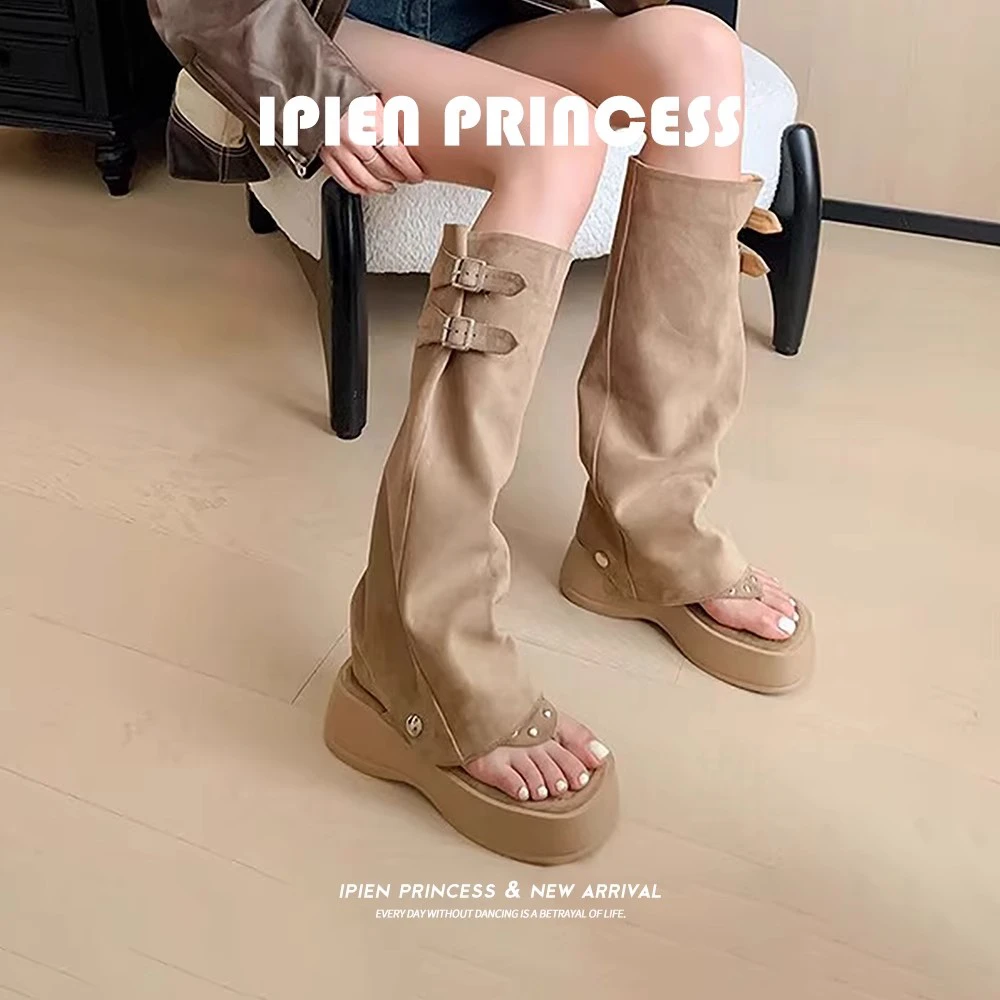 复古堆堆厚底长筒靴女2025夏季新款棕色西部靴褶皱两穿裤管瘦瘦靴