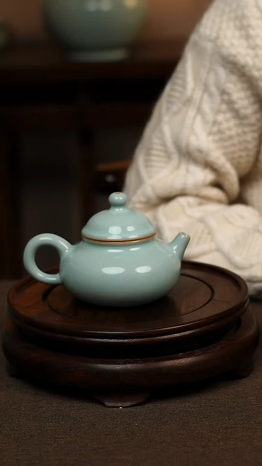 瓷片天青色全手工融天壶160ml微瑕不带礼盒