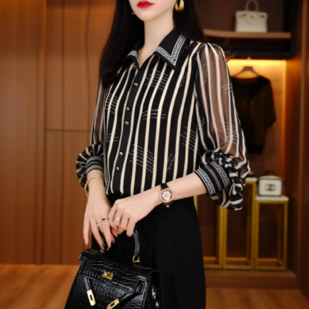 2025年初秋款Polo领条纹格小斑马气质显瘦百搭时尚长袖衬衫0807