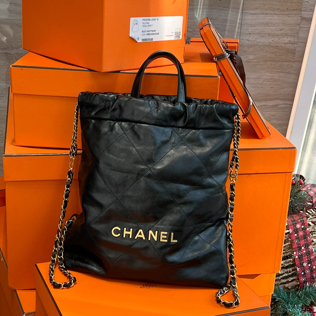 95新 Chanel/香奈儿 23B 22bag黑金小号双肩包 芯片款/157197