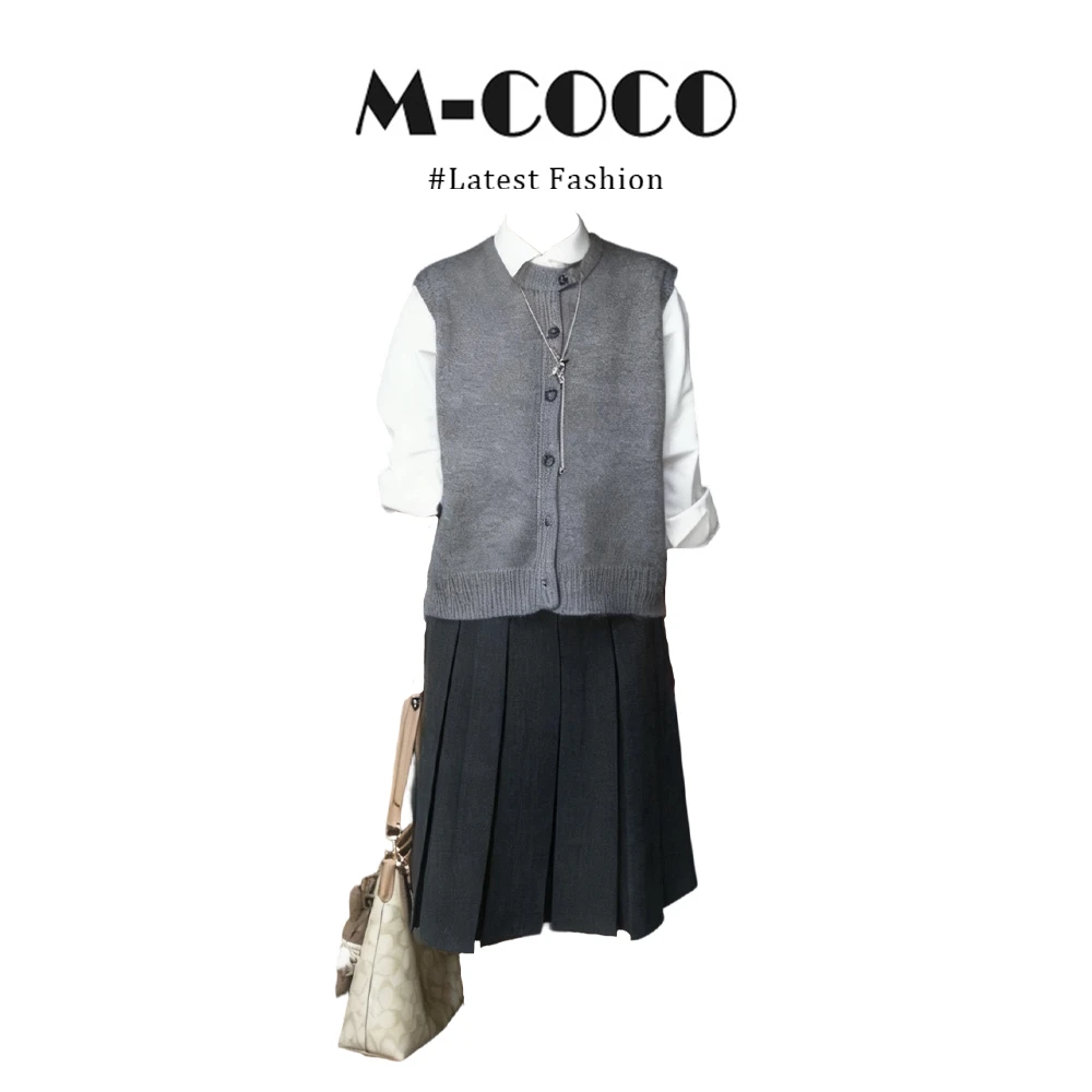 MARIE.COCO韩系高级感灰色针织马甲叠穿长袖上衣时尚百褶裙三件套