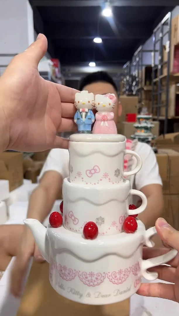 瓷片原盒结婚kt猫蛋糕茶壶
