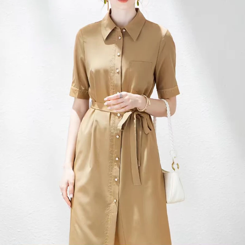 （凝眸）100桑蚕丝纯色手工刺绣气质显瘦时尚衬衫真丝连衣裙 1015