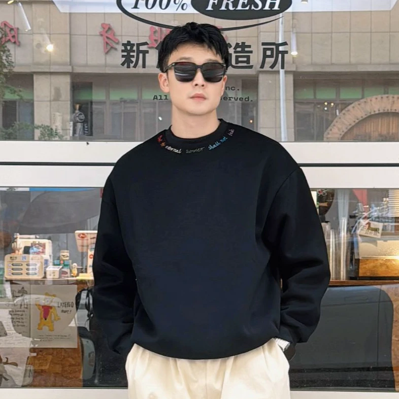 重磅圆领短宽卫衣男秋季新款撞色彩虹字母刺绣廓形质感套头衫