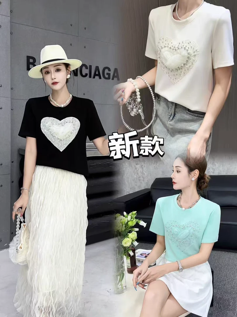 时尚潮流夏季新款爱心拼接短袖T恤6071