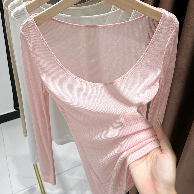 粉色高级感细螺纹修身长袖T恤春秋宽松显瘦女神范上衣透视打底衫