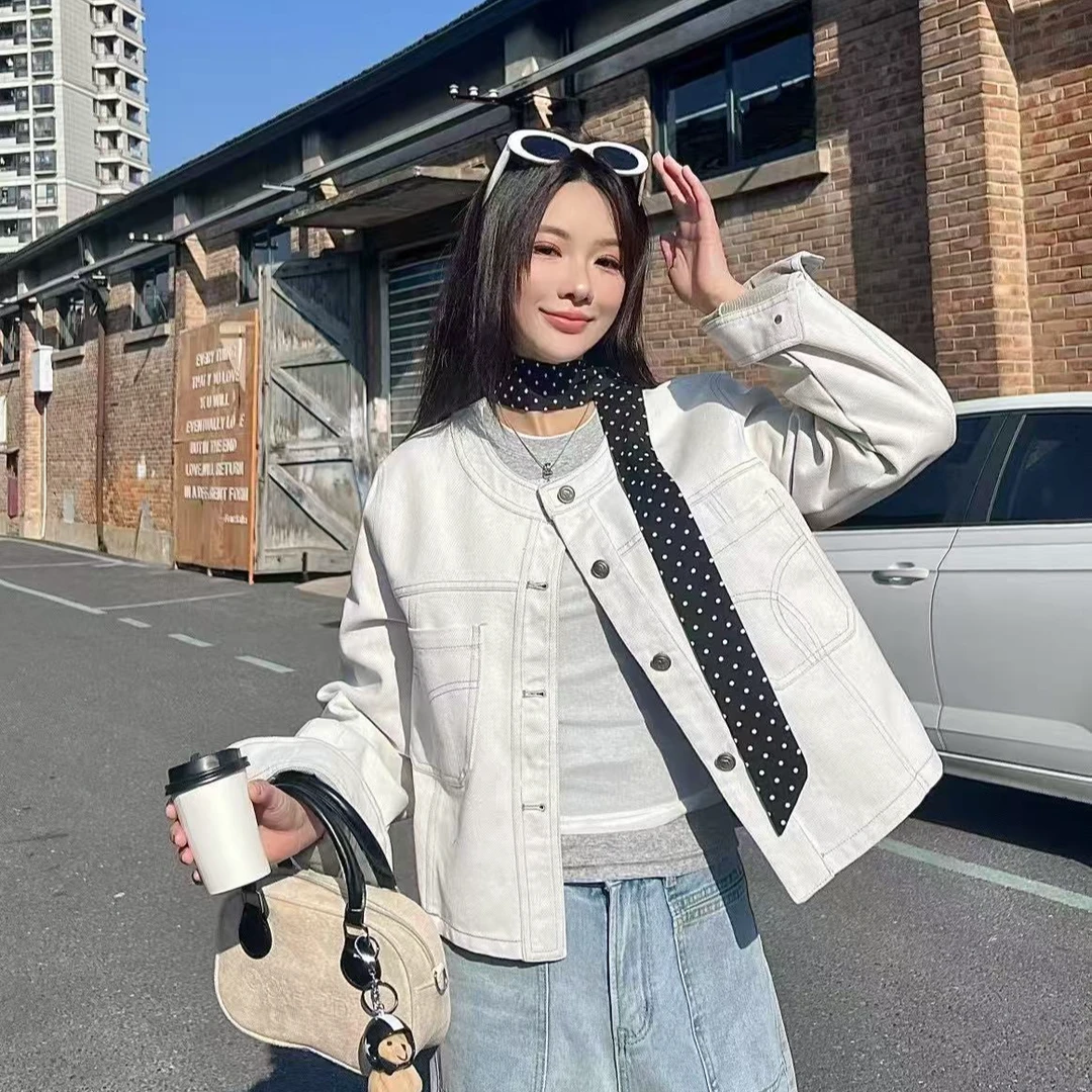 糖果圆领短款牛仔外套女2025春季新款韩版气质休闲带飘带春季新品