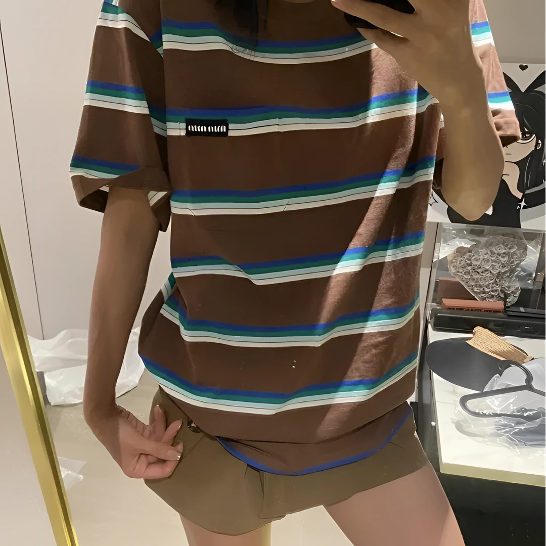新品甜美风MIU系风格条纹T恤 百搭时尚圆领短袖