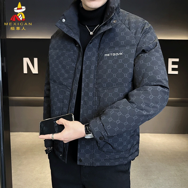 稻草人立领印花羽绒服男款冬季潮流修身痞帅时尚加厚短款保暖外套