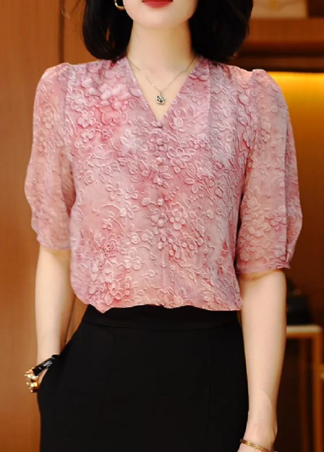 粉色繁花-新款上衣百搭时尚气质v领印花洋气经典高级