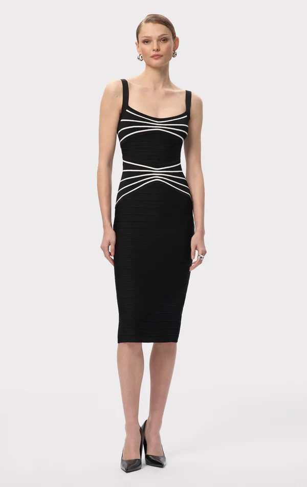 长裙吊带无袖夏季日系优雅黑色连衣裙包臀裙裙子绷带时尚条纹修身