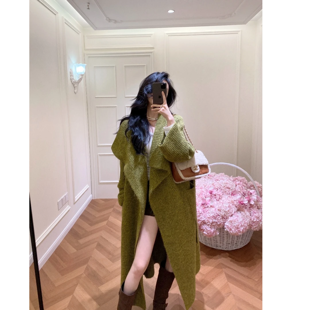 韩系休闲简约千金风直筒型针织翻领套装女早秋外套女宽松长款