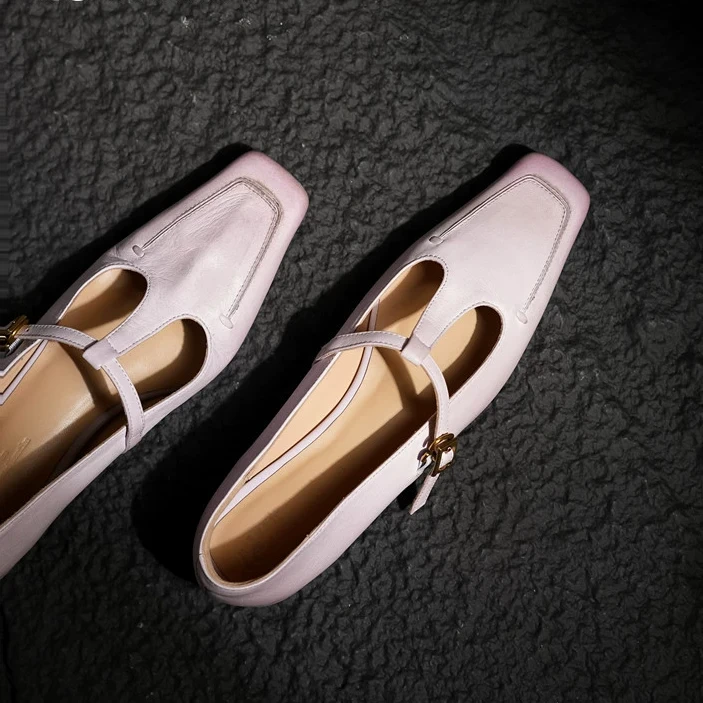 时尚百搭高端原创意大利工艺马皮方头女单鞋T带玛丽珍鞋真皮大底