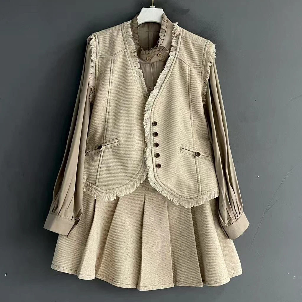 大码女装马甲衬衫百褶裙三件套