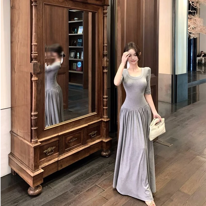 灰色u领短袖T恤连衣裙女夏季修身拼接裙子度假风收腰显瘦a字长裙