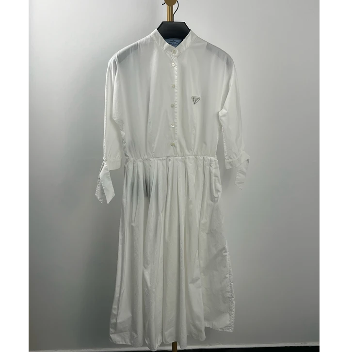 全新未使用 Prada/普拉达 徽标长袖连衣裙 白色/38