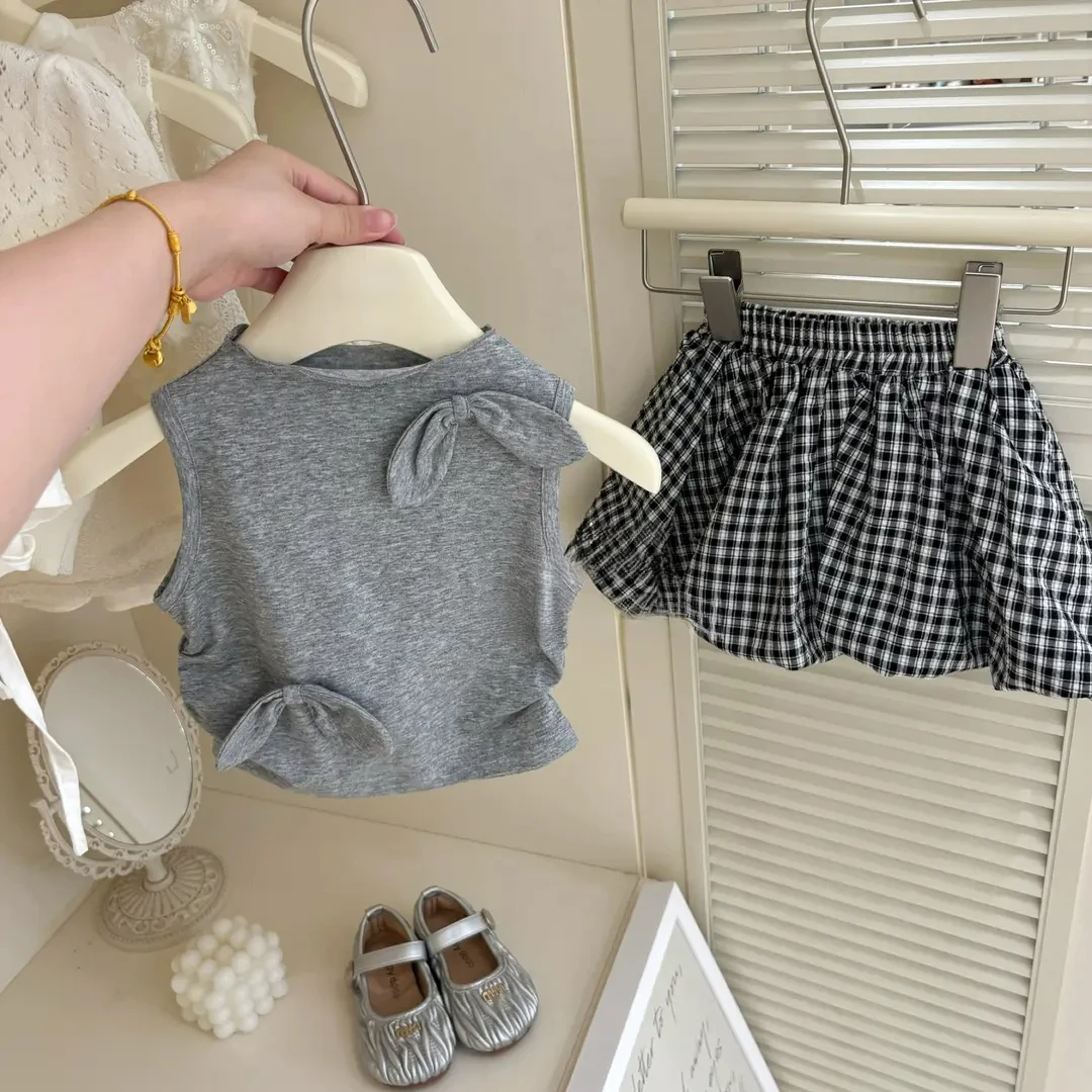 女童夏装套装2025新款宝宝甜美蝴蝶结背心儿童花边花苞裙