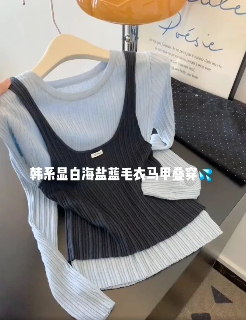 韩系时尚假两件拼接圆领针织长袖女秋季独特休闲百搭修身显瘦上衣