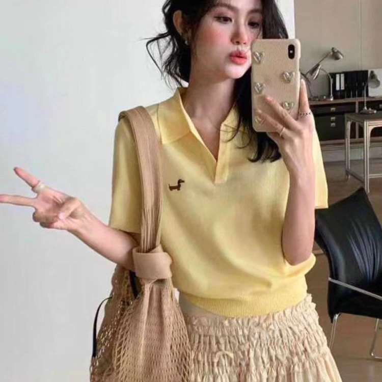 十三行韩版短袖V领POLO针织衫夏薄款小狗刺绣百搭正肩冰丝T恤上衣