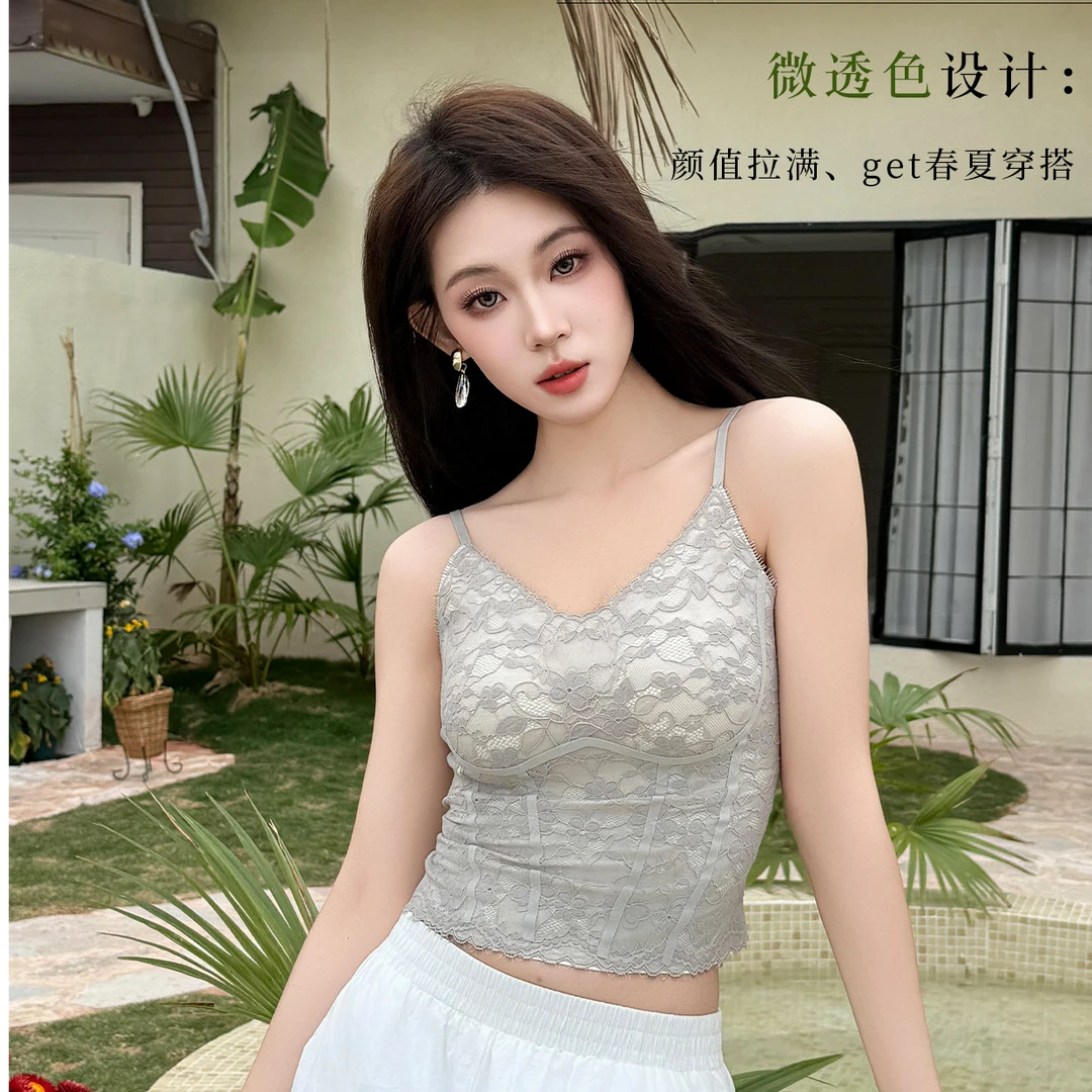 婷蔻女士春夏薄款微透女吊带背心蕾丝背心夏季无钢圈6095