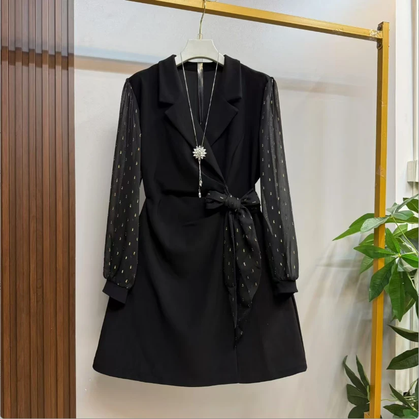 早秋新款时尚黑色气质轻熟风西服领拼接显瘦大码连衣裙