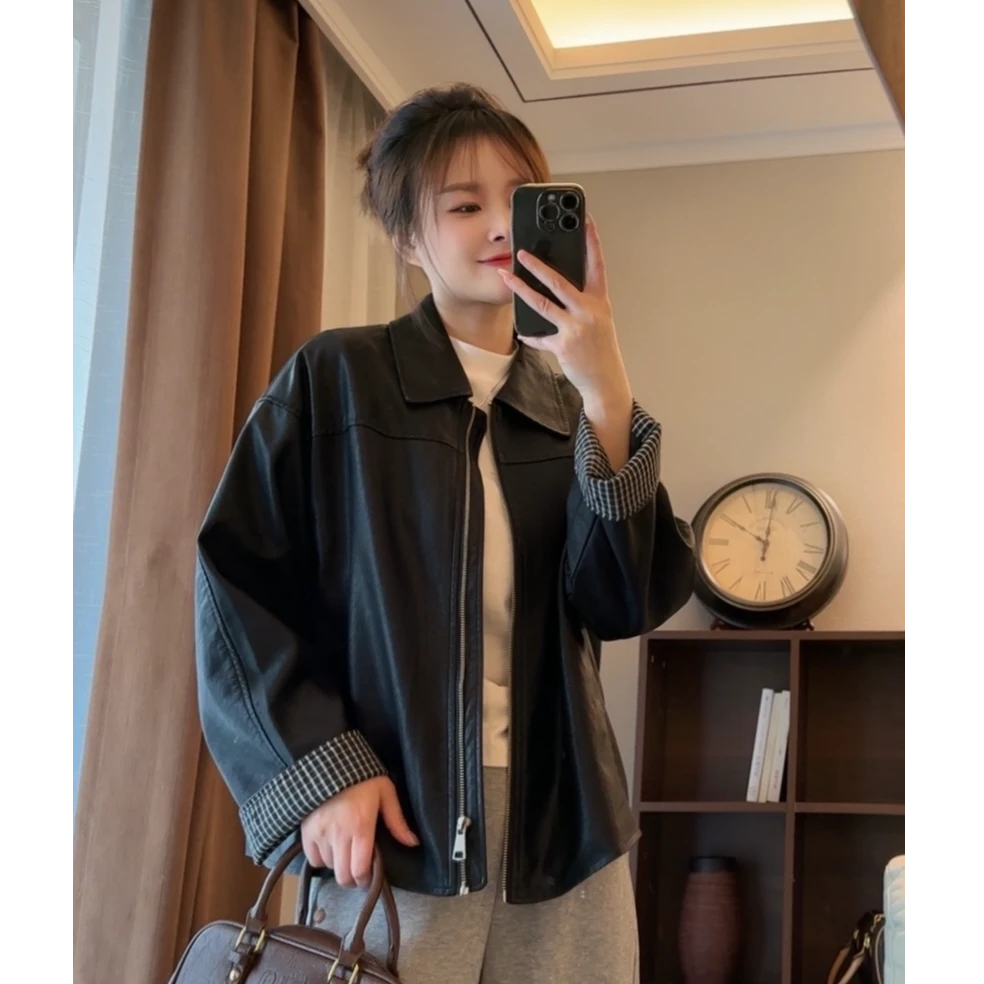 【甜酷皮衣】春季上新 格子撞色显瘦皮衣 复古休闲百搭外套