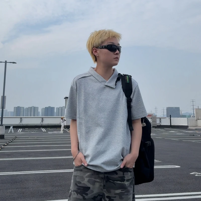 美式休闲夏季百搭简约纯色翻领宽松短袖男女同款上衣半袖