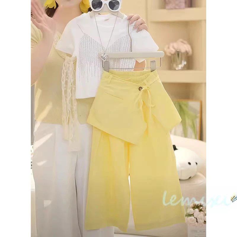 女童烫钻短袖屁帘阔腿裤套装2025夏款儿童短款T恤休闲裤爵士街舞8