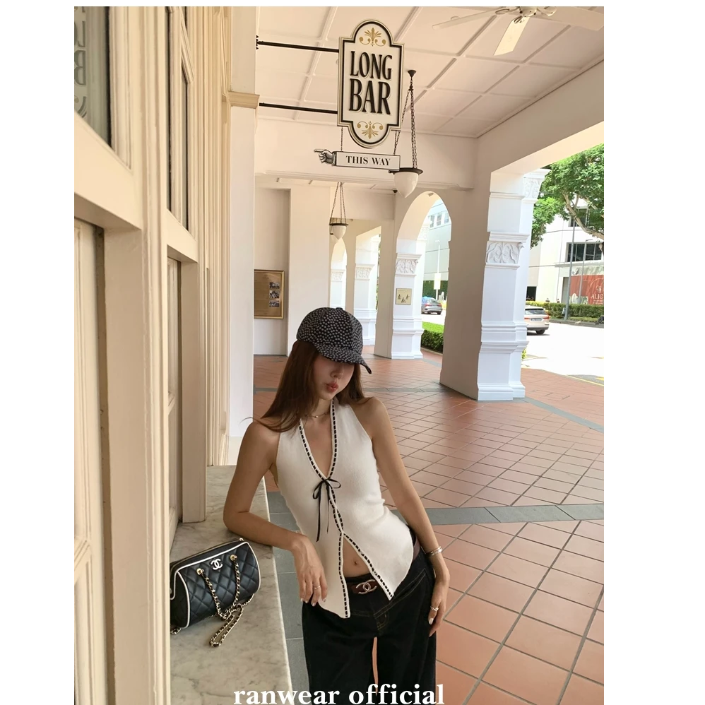 Ranwear 美人胚子 辣妹v领针织吊带设计感系带纯欲显瘦挂脖背心