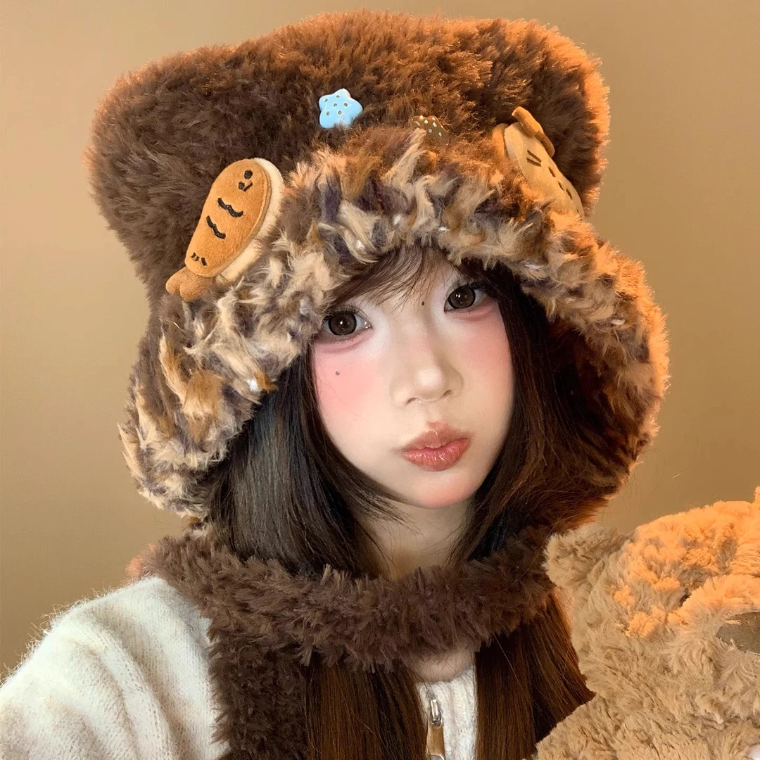 咖色小鱼猫咪毛绒护耳帽女秋冬显脸小针织毛线帽保暖防寒雷锋帽子