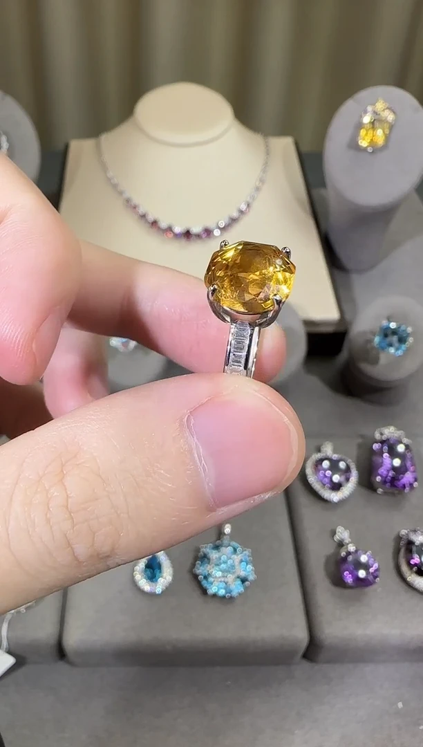 银S925镶嵌戒指黄晶10mm戒指玫瑰款