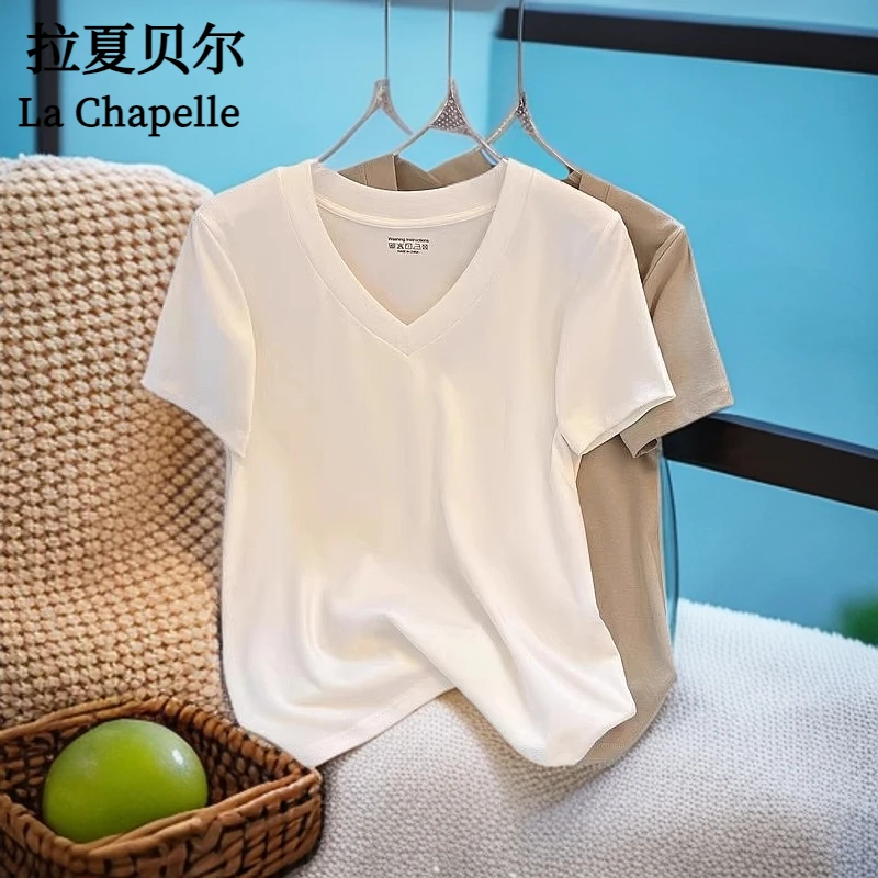 浪莎正女大领口短袖百搭夏季肩白色鸡心领修身宽松v领T恤